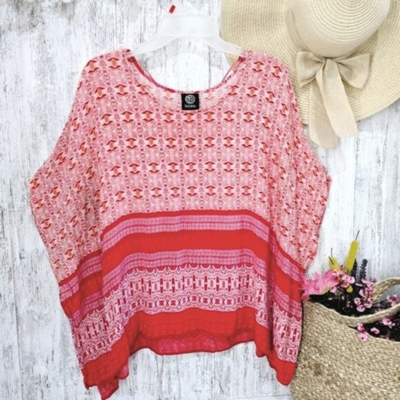 Bobeau Women's Blouse Size Medium Pink Bohemian Flowy Beachy Vacation Geometric - Picture 14 of 14